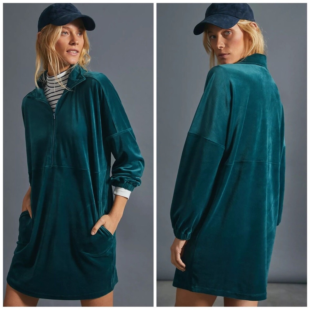 Saturday Sunday by Anthropologie Oversize Rosiland Turquoise Velour Dress XS EUC